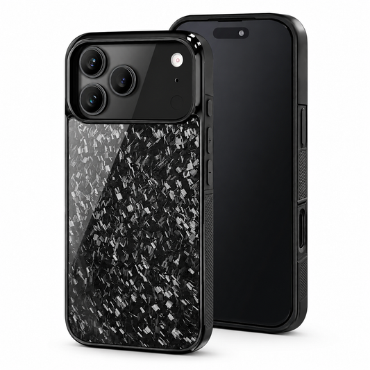 Front and rear views of a black phone case stand on white. The glossy back has irregular silver-gray shard-like patches below a broad three-lens camera panel, with rounded protective edges.
