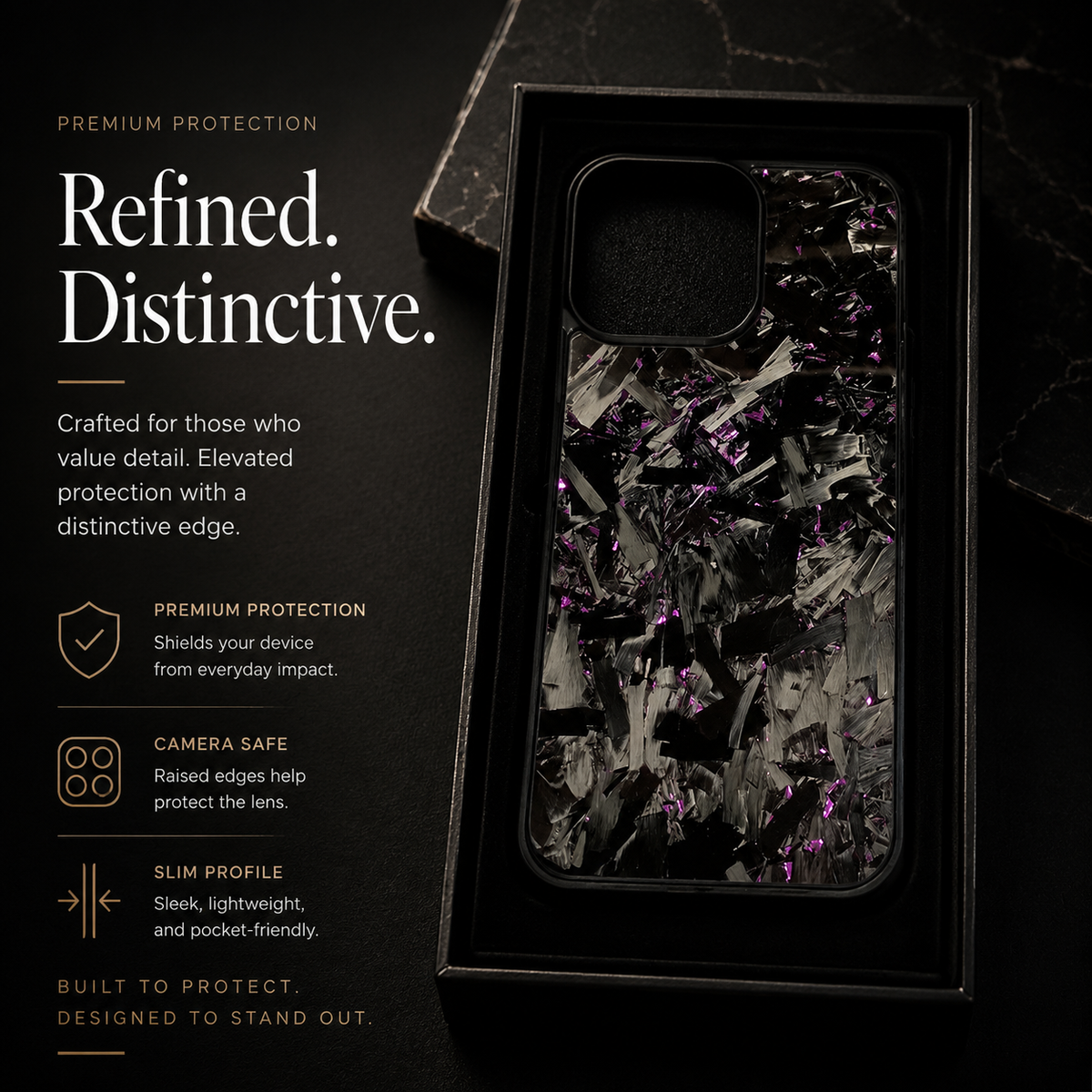 A glossy case with gray fragments and pink-purple flecks rests in a black presentation tray. Text promotes protection, a raised camera rim and a slim profile.