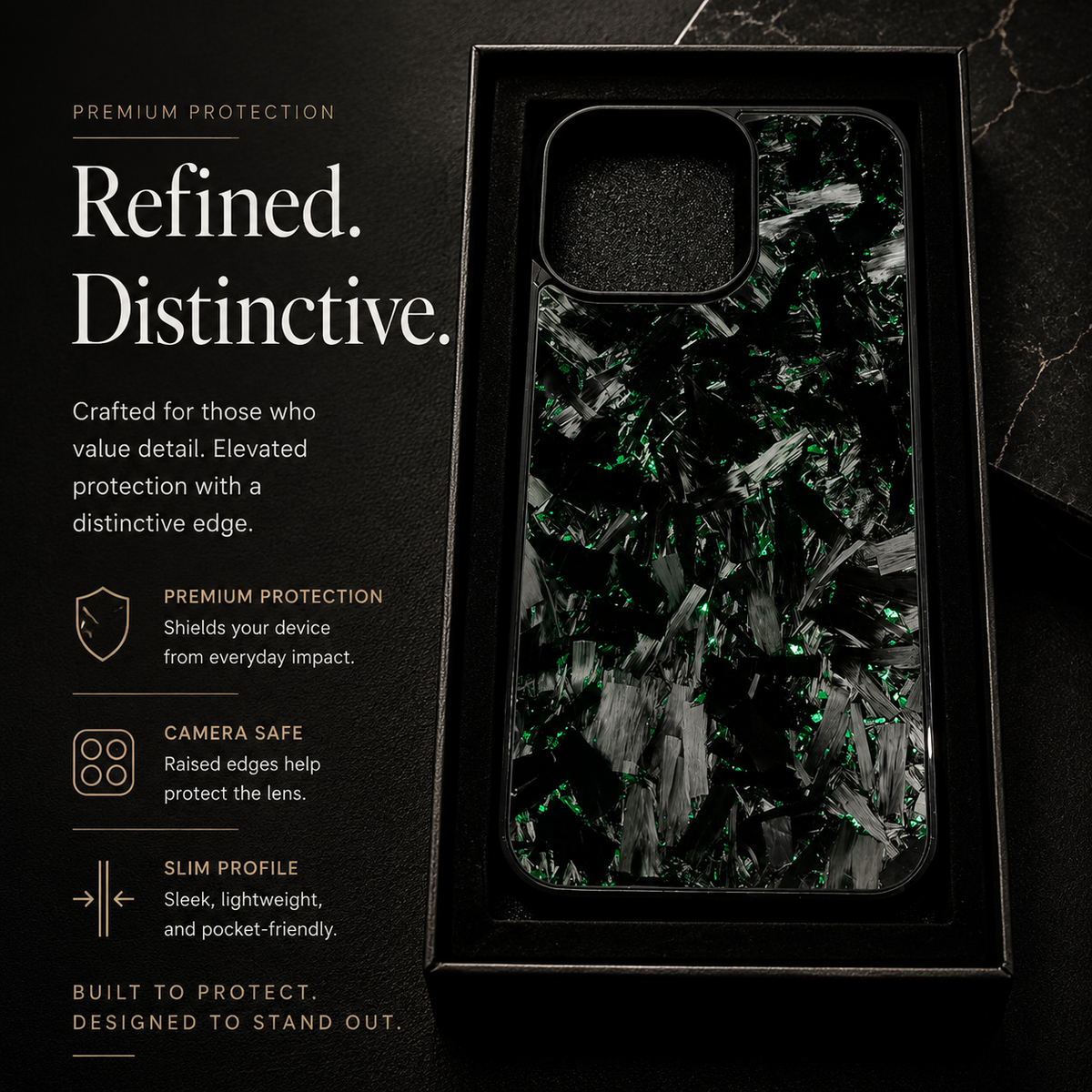 A glossy black case with angular gray fragments and bright green flecks rests in a presentation tray. Text highlights everyday protection, camera-safe edges and a slim profile.