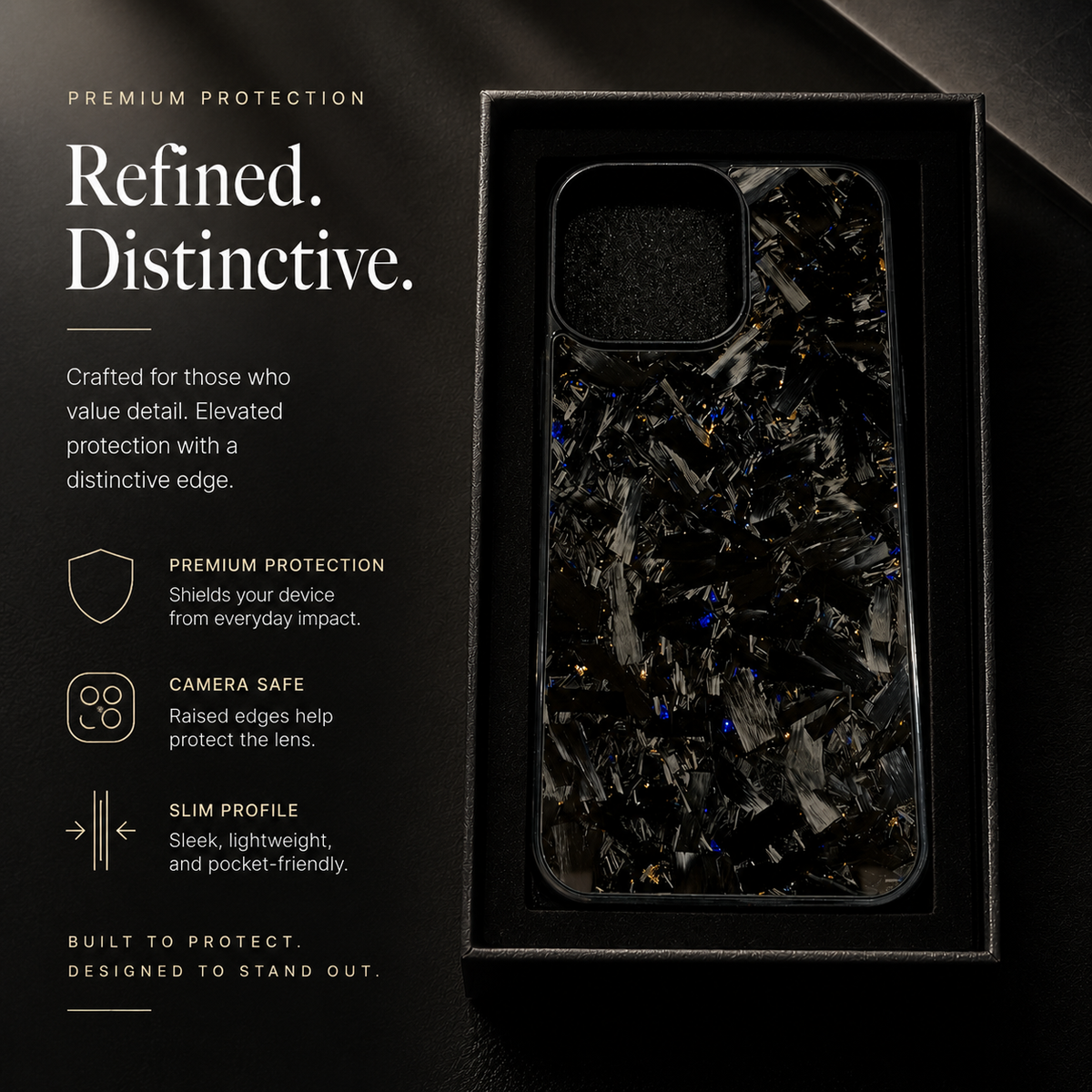 A glossy black case with silver-gray fragments and scattered yellow-gold flecks sits upright in a black presentation tray beside text promoting everyday protection.