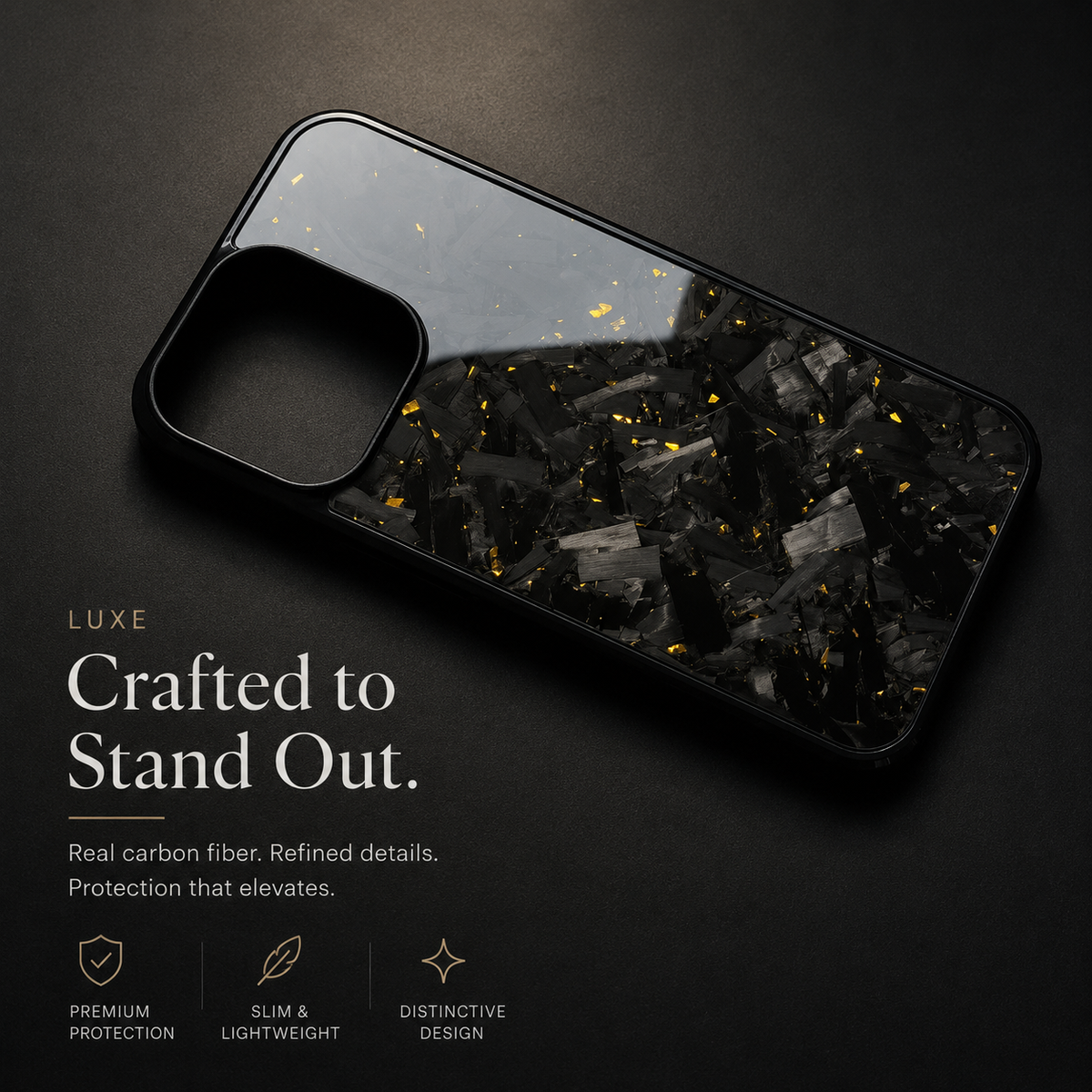 A black case with gray fragments and gold flecks lies diagonally on a dark surface. Light reflects across its glossy back beneath text reading Crafted to Stand Out.