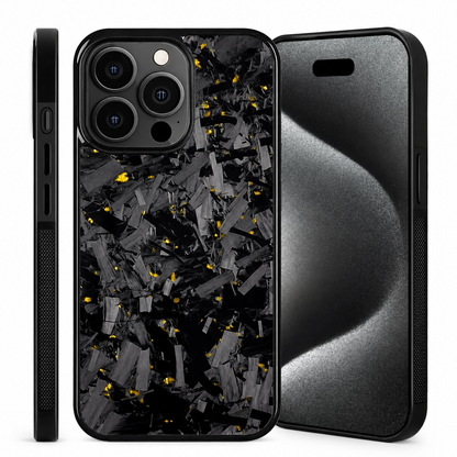 Front, back and side views show a black-edged case with irregular gray fragments and small gold flecks across its glossy back, below a rounded square three-lens camera surround.