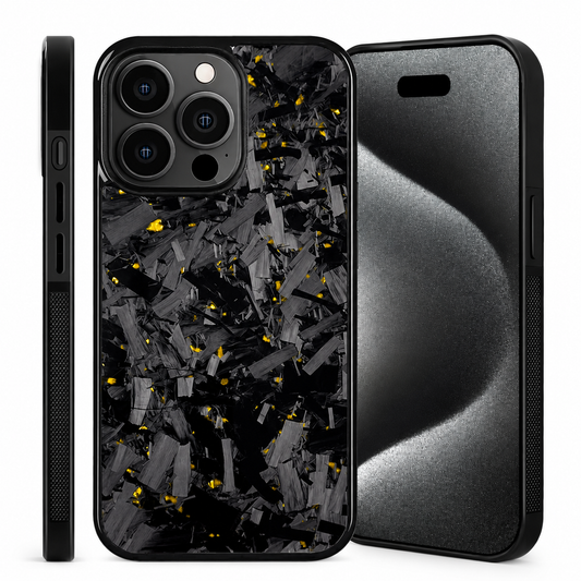 Front, back and side views show a black-edged case with irregular gray fragments and small gold flecks across its glossy back, below a rounded square three-lens camera surround.