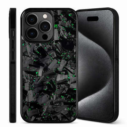 Front, back and side views show a glossy black case patterned with angular gray fragments and green flecks. A rounded square black surround frames three camera lenses.