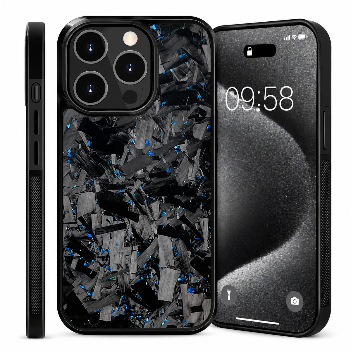 Front, back and side views show a black case with a glossy gray-fragment pattern scattered with blue flecks. The phone's screen displays 09:58.