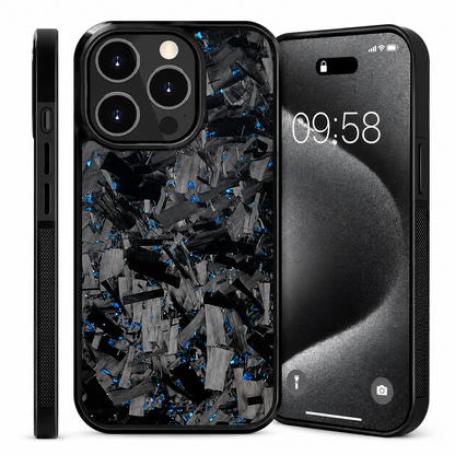 Front, back and side views show a black case with a glossy gray-fragment pattern scattered with blue flecks. The phone's screen displays 09:58.