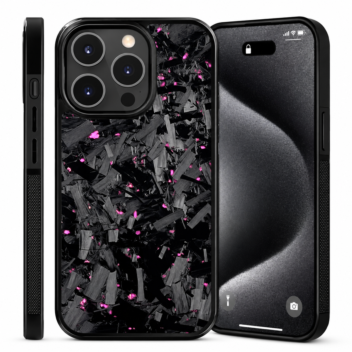 Front, back and side views show a glossy black case with irregular gray fragments and pink flecks. Its rounded square camera surround encloses three lenses.