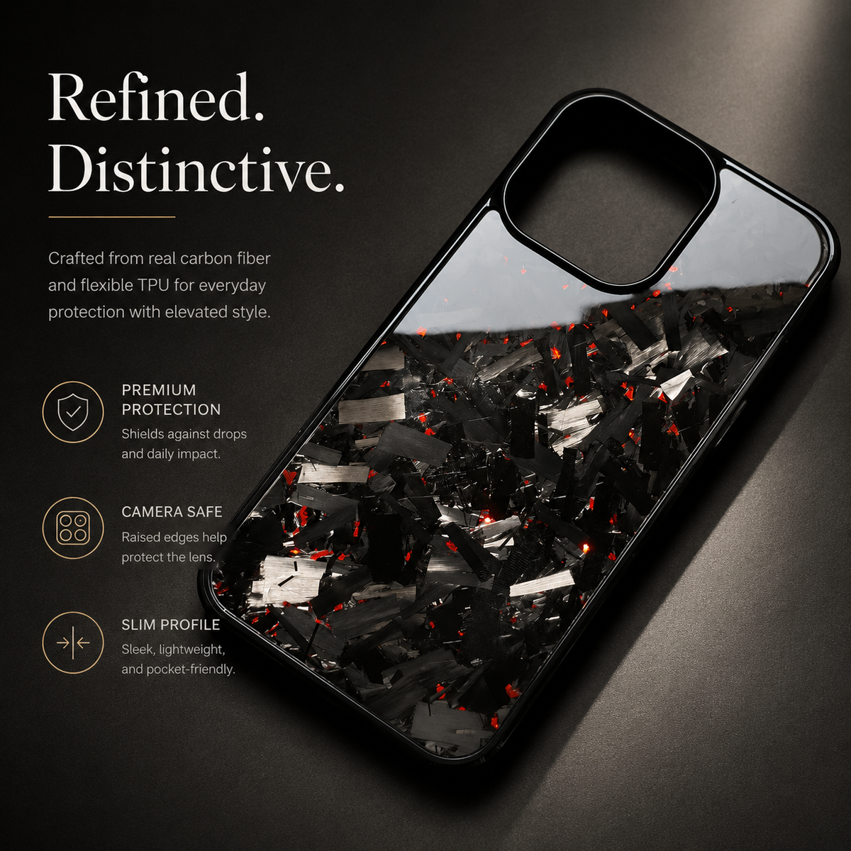 A glossy black case with gray fragments and orange-red flecks lies diagonally against a dark background. Text advertises carbon fiber, flexible TPU, raised camera edges and a slim profile.