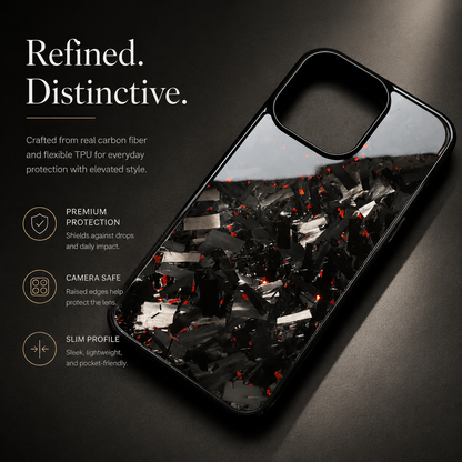 A glossy black case with gray fragments and orange-red flecks lies diagonally against a dark background. Text advertises carbon fiber, flexible TPU, raised camera edges and a slim profile.
