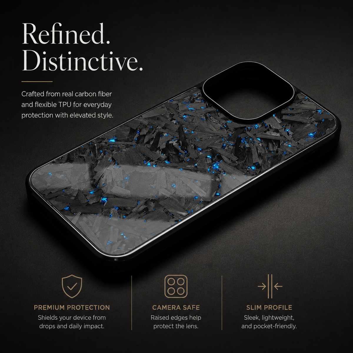 A black-edged case with gray fragments and blue flecks lies diagonally on a dark surface. Its glossy back reflects light; text highlights protection, raised edges and a slim profile.