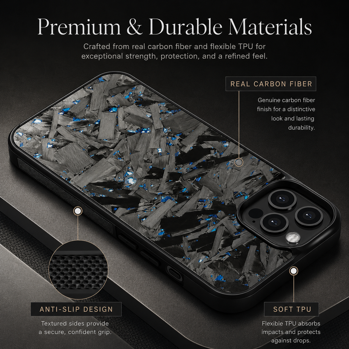 A close-up of a phone in a gray-fragment-patterned case with blue flecks includes inset views of the textured sides and flexible-looking corner. Labels describe carbon fiber and a TPU frame.