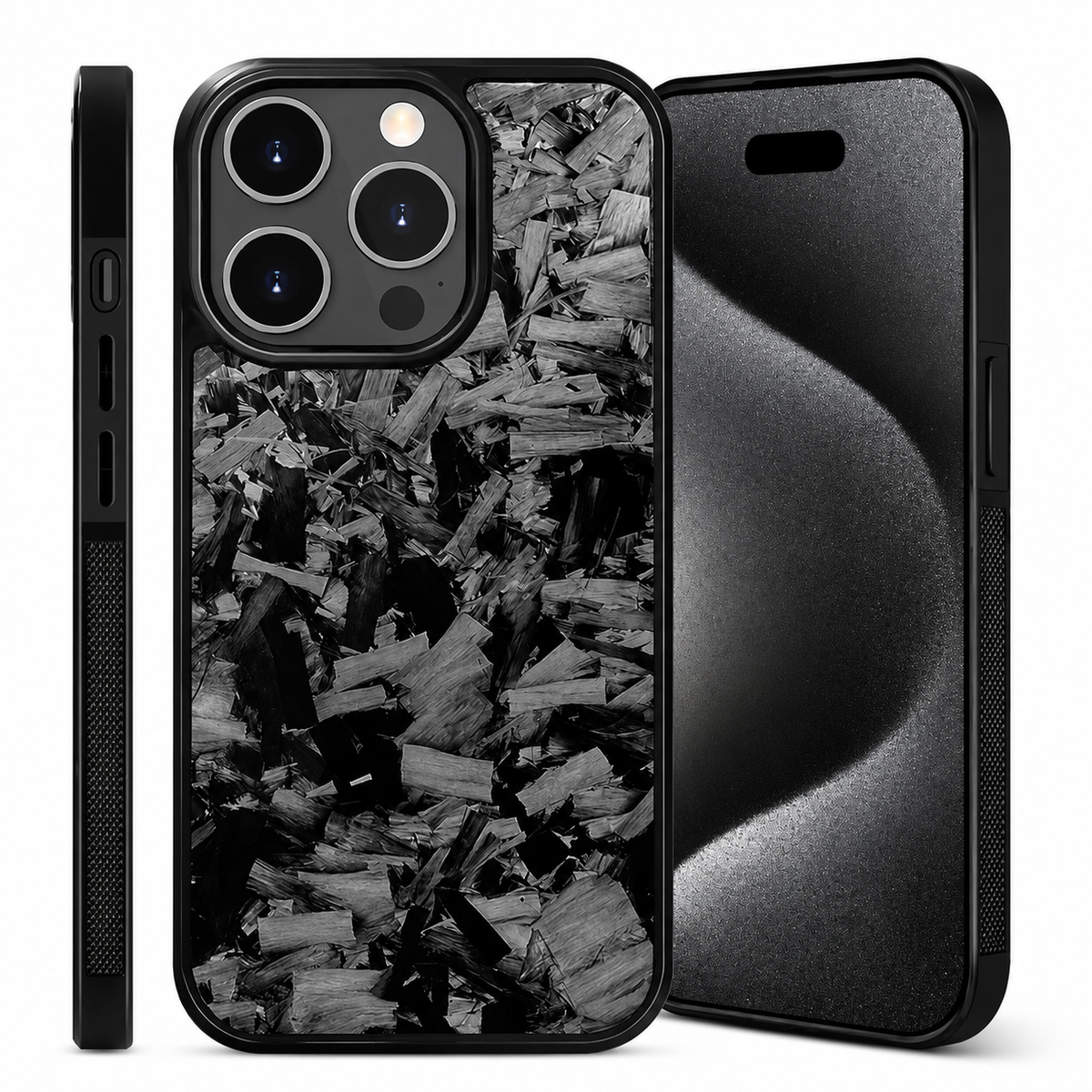 Front, back and slim side views show a black-edged case with a glossy back covered in irregular silver-gray fragments. Three camera lenses sit inside a rounded square black surround.