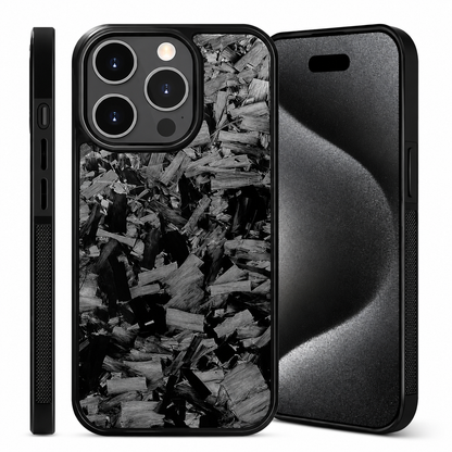 Front, back and slim side views show a black-edged case with a glossy back covered in irregular silver-gray fragments. Three camera lenses sit inside a rounded square black surround.