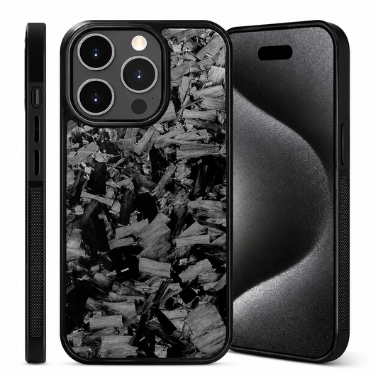 Front, back and slim side views show a black-edged case with a glossy back covered in irregular silver-gray fragments. Three camera lenses sit inside a rounded square black surround.