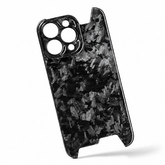An empty black phone case hovers upright at a slight diagonal against a white background. Irregular gray fragments create a glossy mottled pattern across the back. Round camera openings occupy the upper-left surround, while broad cutouts interrupt the top and bottom edges. A soft shadow falls below.