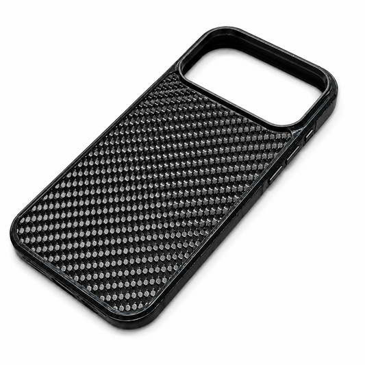 An empty black phone case lies diagonally against a white background. A glossy diagonal weave pattern covers the back inside a smooth rounded border. A large rectangular camera opening with rounded corners occupies the upper end, and small side openings are visible along the right edge.