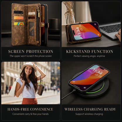 Four panels show an open wallet case covering a phone, a phone propped horizontally as a stand, a woman using a phone and a wireless charging pad. Text describes these functions.