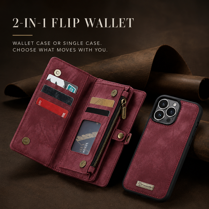 An open burgundy wallet with card slots, clear window and zipper lies beside its matching removable phone shell on brown fabric. Text labels it a 2-in-1 flip wallet.