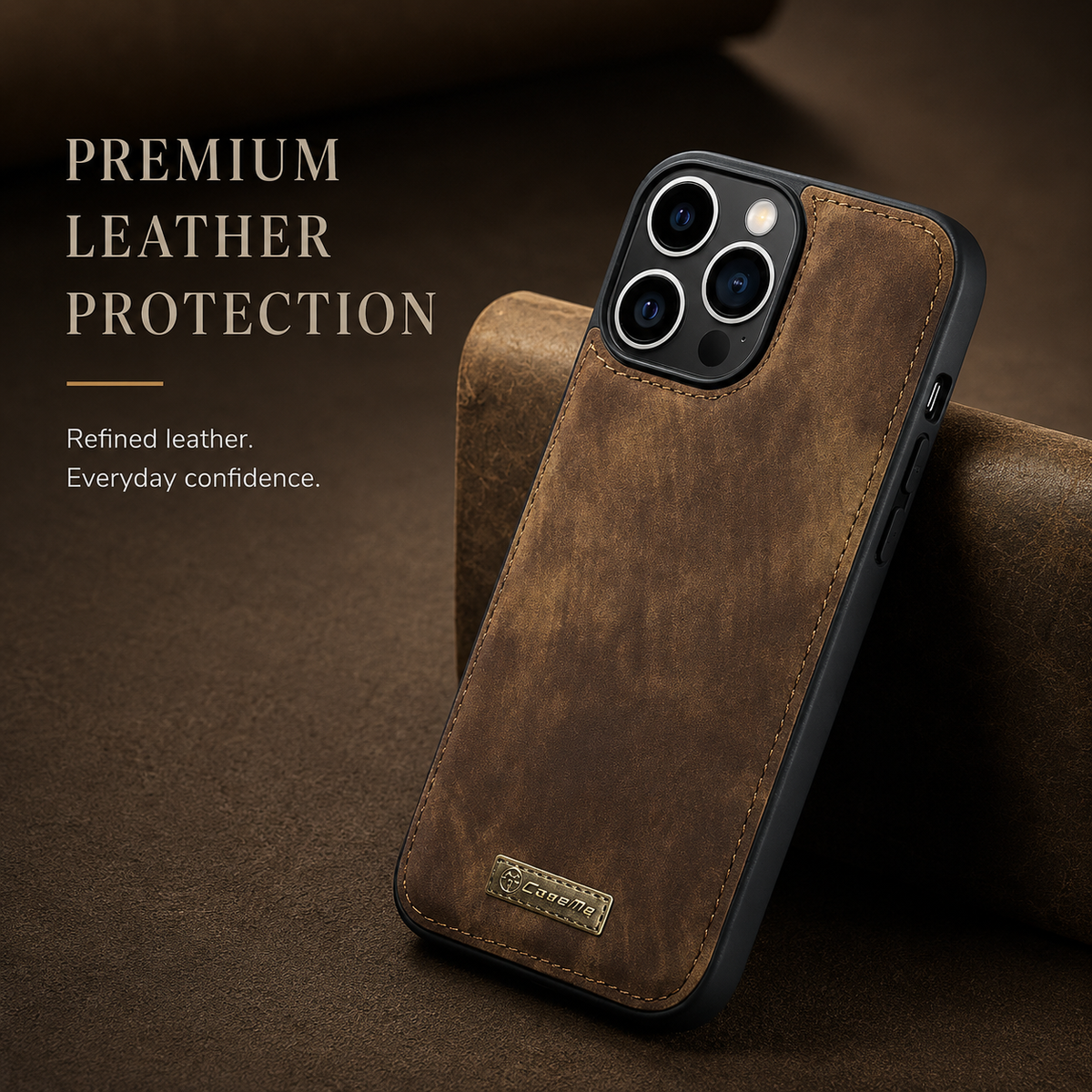A brown distressed leather-look phone shell stands upright against dark folded fabric, showing its fitted camera opening. Text advertises refined leather protection.