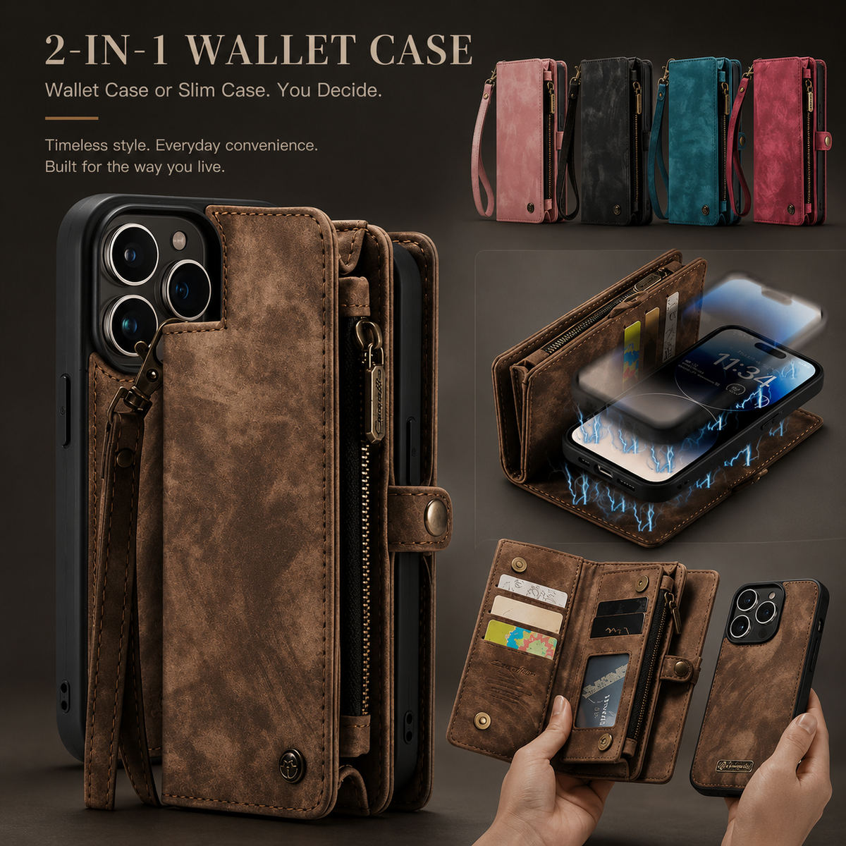 A brown wallet phone case is shown closed, open and separated from its shell. Smaller views display card storage and multiple colors; text describes a 2-in-1 wallet case.