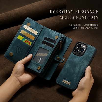 Hands hold an open teal wallet organizer beside its separate matching phone shell on brown fabric. The heading says Everyday Elegance Meets Function.