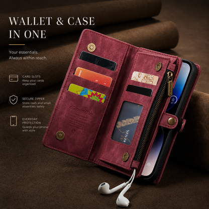 An open burgundy wallet phone case displays banknotes, cards, a clear window and zipper compartment, with white earphones below. Text describes the wallet and case in one.