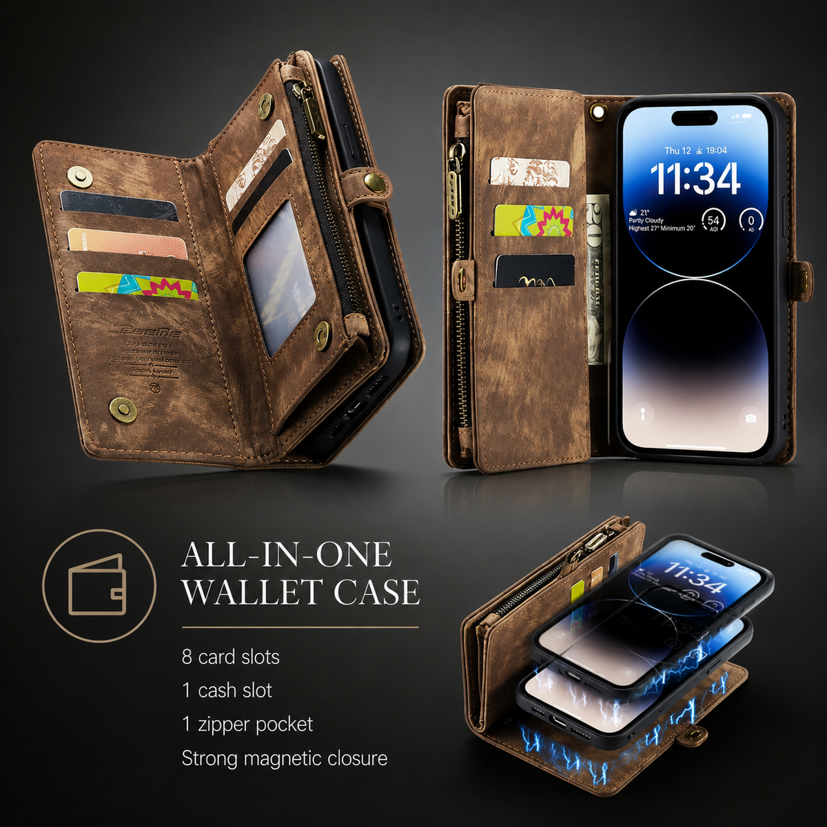 A brown wallet phone case appears open beside a phone and an illustration of its removable magnetic shell. Text lists eight card slots, one cash slot and one zipper pocket.