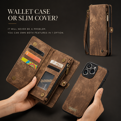 Hands hold an open brown wallet organizer and its separate matching phone shell. A closed view appears above; text asks Wallet Case or Slim Cover and advertises both options.