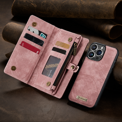 An open pale pink wallet organizer lies beside its matching phone shell on brown fabric. Cards, banknotes, a clear window, zipper and snap tab are visible.