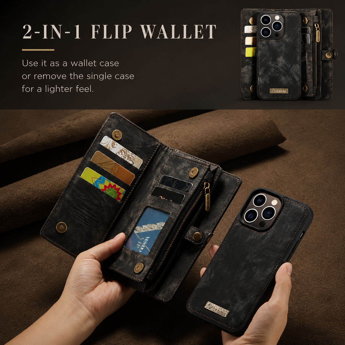 Hands hold an open black wallet organizer and separate matching phone shell. A small closed view appears above; text explains that the shell can be removed for a lighter feel.