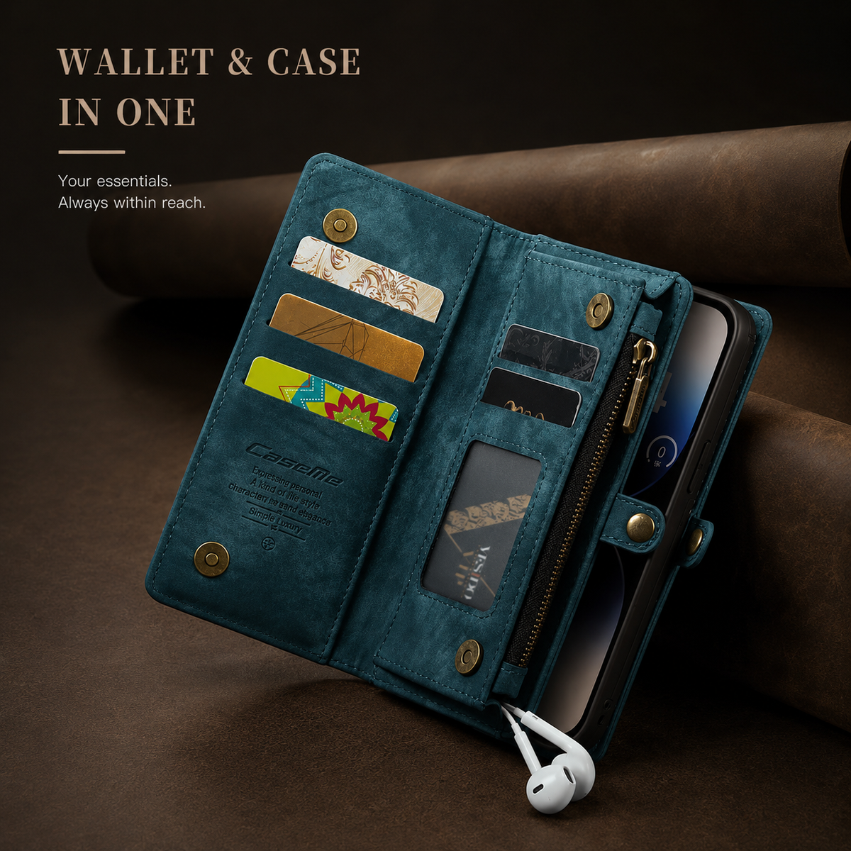 An open teal wallet phone case displays banknotes, cards and a clear window, with white earphones below. Text describes the wallet and case in one.