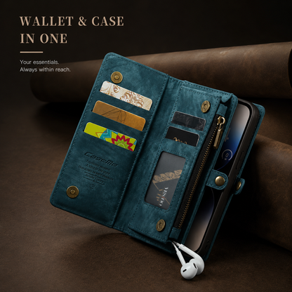 An open teal wallet phone case displays banknotes, cards and a clear window, with white earphones below. Text describes the wallet and case in one.