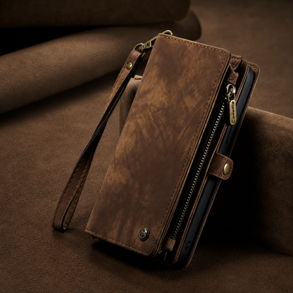 A closed brown distressed leather-look wallet phone case stands on brown fabric, showing its wrist strap, brass-colored side zipper and snap closure.