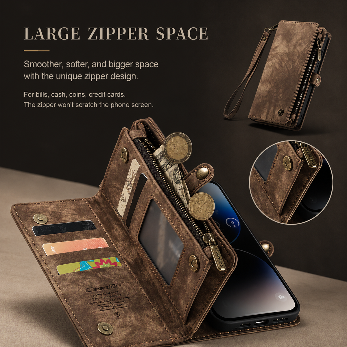 A brown wallet phone case is shown open with coins above its zipper pocket, cards and a clear window. An inset magnifies the zipper; text advertises a large storage compartment.