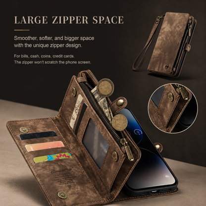 A brown wallet phone case is shown open with coins above its zipper pocket, cards and a clear window. An inset magnifies the zipper; text advertises a large storage compartment.