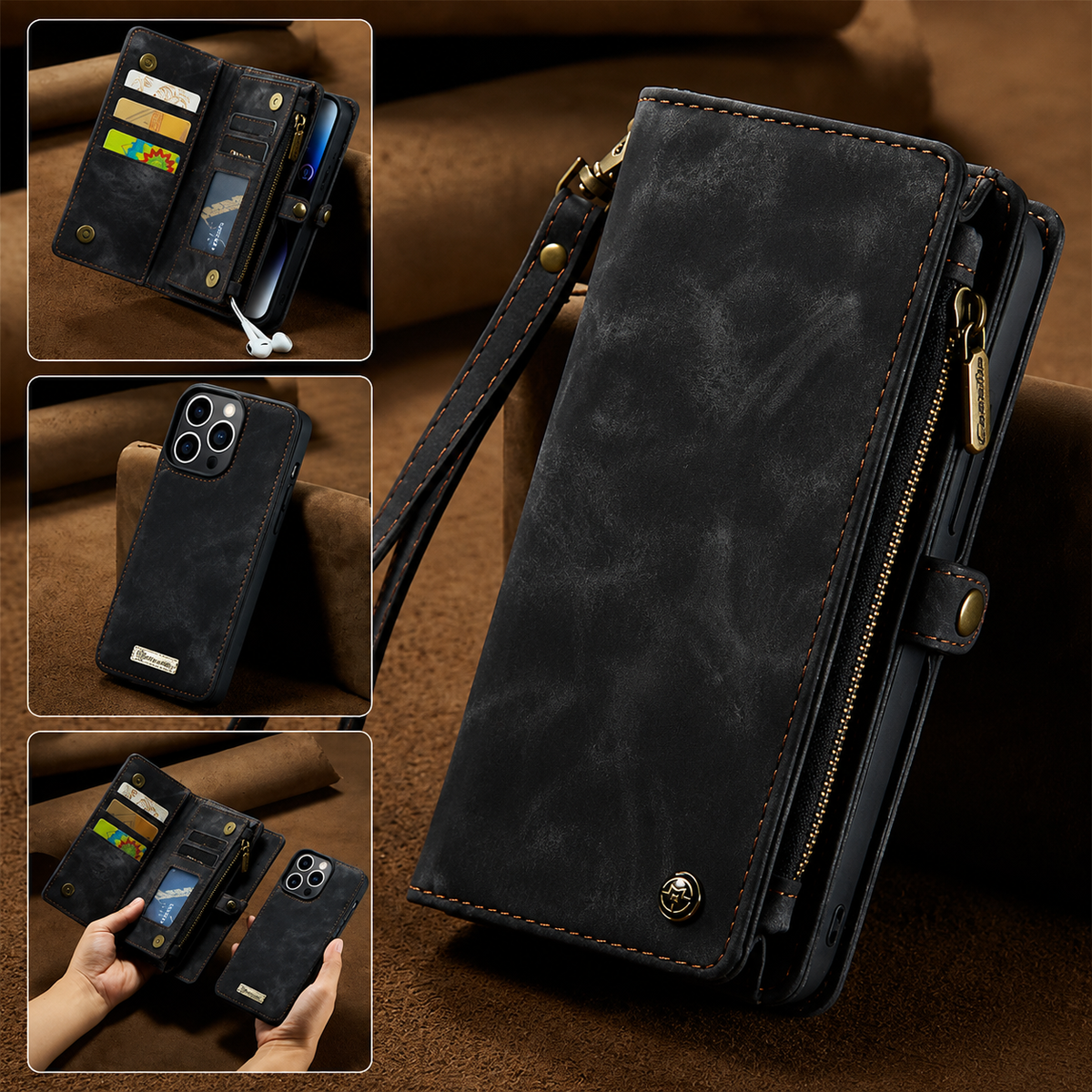 Premium iPhone Case Wallet Removable Magnetic Leather Cover Metal Zipper Purse 8 Slot Card Storage Protection
