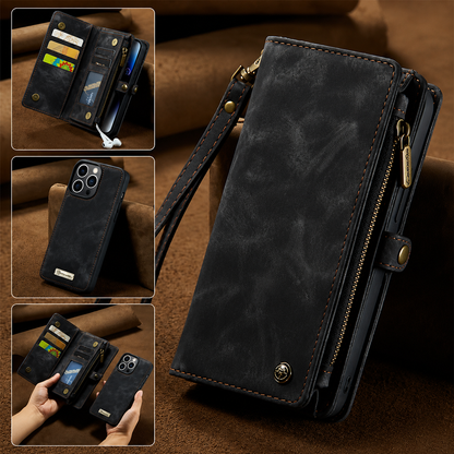 A black distressed leather-look wallet case stands on brown fabric with a wrist strap, side zipper and snap tab. Insets show card storage, the removable phone shell and both pieces held apart.