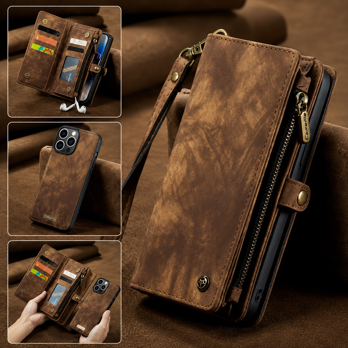 A brown distressed leather-look wallet case stands on brown fabric with a wrist strap, side zipper and snap tab. Insets show card storage, the removable phone shell and both pieces held apart.