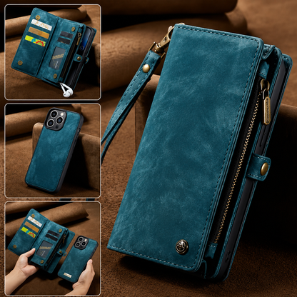 A teal leather-look wallet case stands on brown fabric with a wrist strap, side zipper and snap tab. Insets show card storage, the removable phone shell and both pieces held apart.