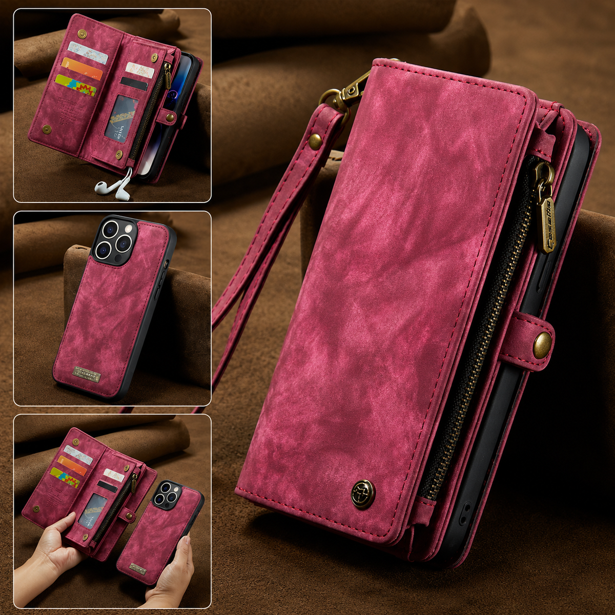 A burgundy leather-look wallet case stands on brown fabric with a wrist strap, side zipper and snap tab. Insets show card storage, the removable phone shell and both pieces held apart.