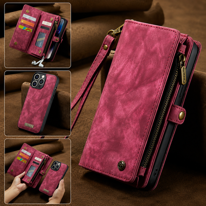 A burgundy leather-look wallet case stands on brown fabric with a wrist strap, side zipper and snap tab. Insets show card storage, the removable phone shell and both pieces held apart.