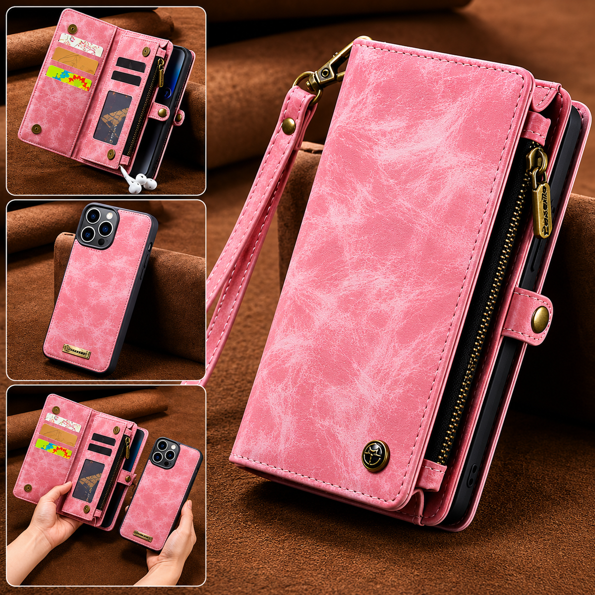 A bright pink leather-look wallet case stands on brown fabric with a wrist strap, side zipper and snap tab. Insets show card storage, the removable phone shell and both pieces held apart.