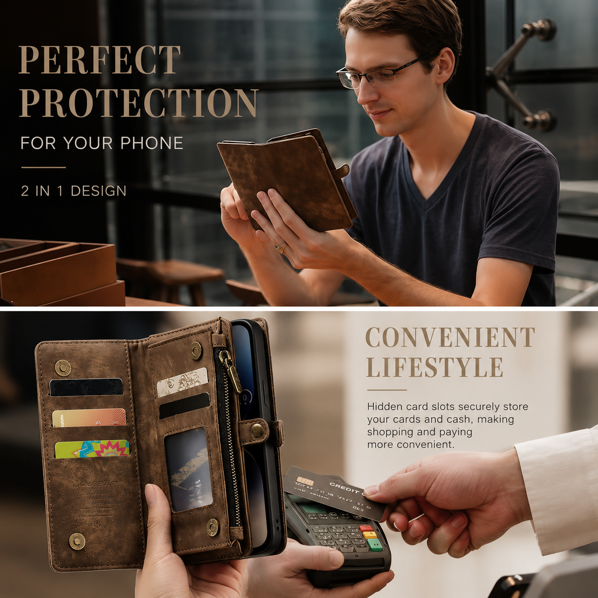 A man in glasses holds a brown wallet phone case. A lower panel shows a hand removing a card from its open organizer; text advertises phone protection and convenient storage.