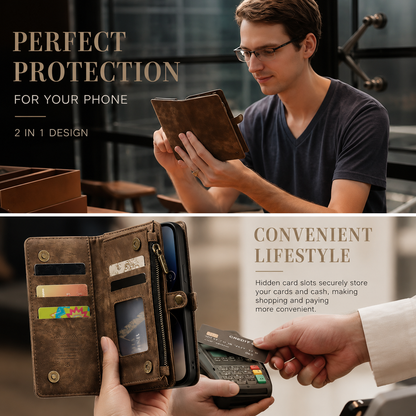 A man in glasses holds a brown wallet phone case. A lower panel shows a hand removing a card from its open organizer; text advertises phone protection and convenient storage.