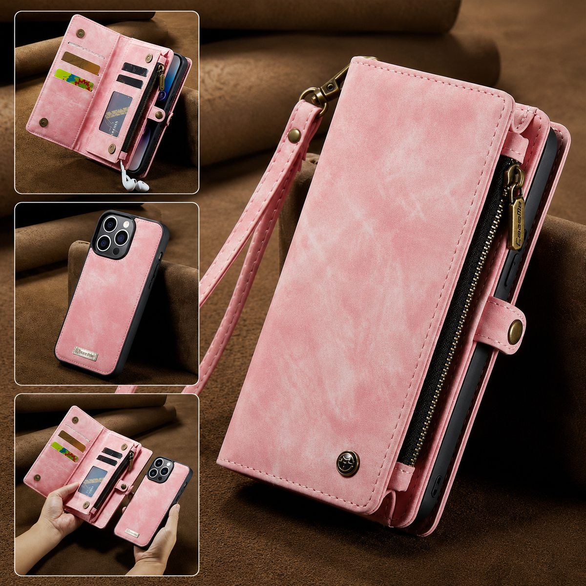 A pale pink leather-look wallet case stands on brown fabric with a wrist strap, side zipper and snap tab. Insets show card storage, the removable phone shell and both pieces held apart.