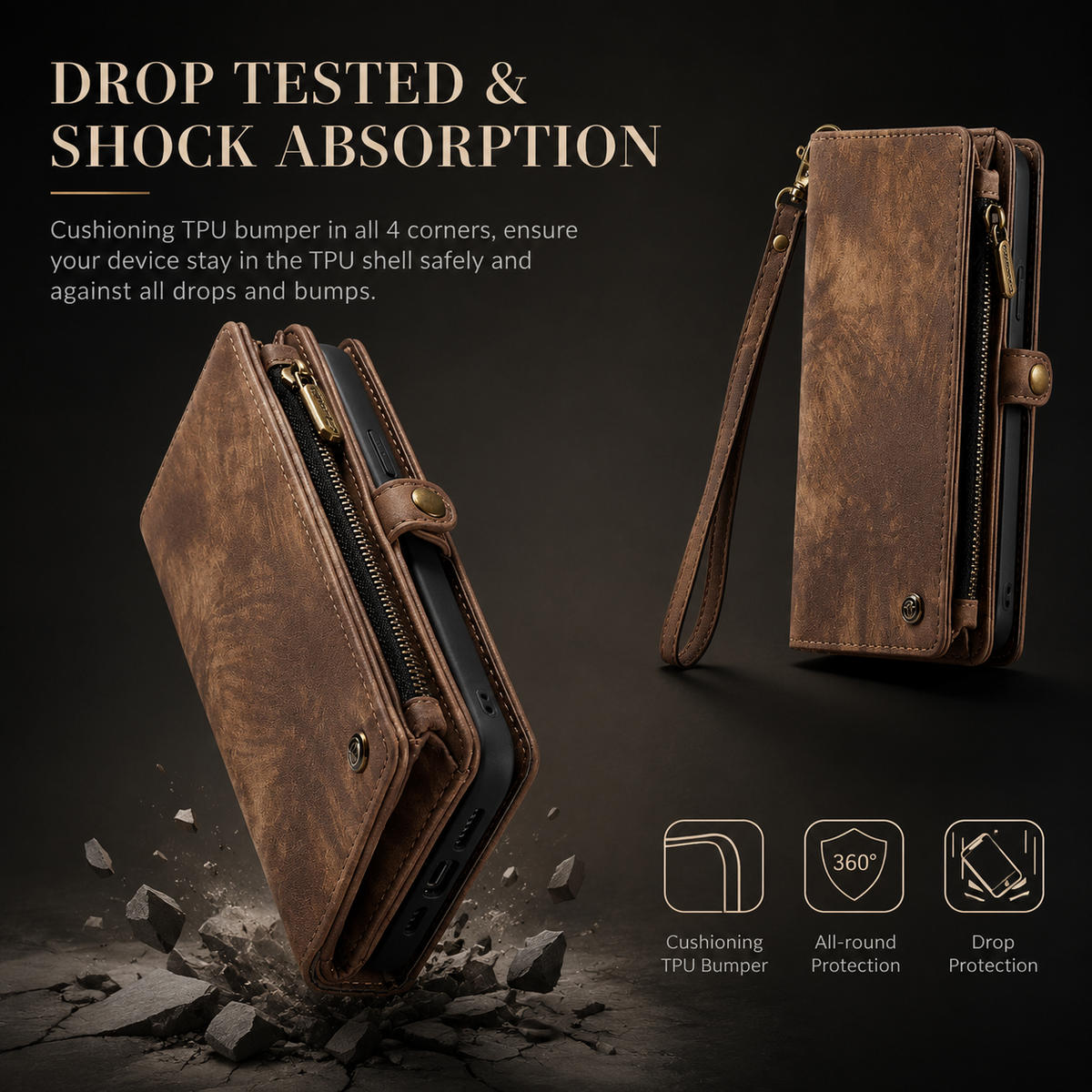 A brown wallet phone case is illustrated falling onto rubble beside an upright view. The graphic advertises drop-tested shock absorption, cushioning and damage resistance.