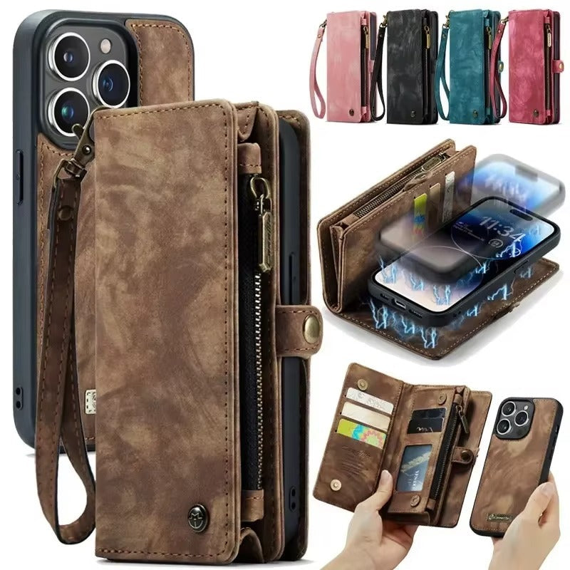 A brown leather-look wallet phone case is shown closed, open and separated from its phone shell on white. Insets show card slots, a clear window, zipper pocket and color options.