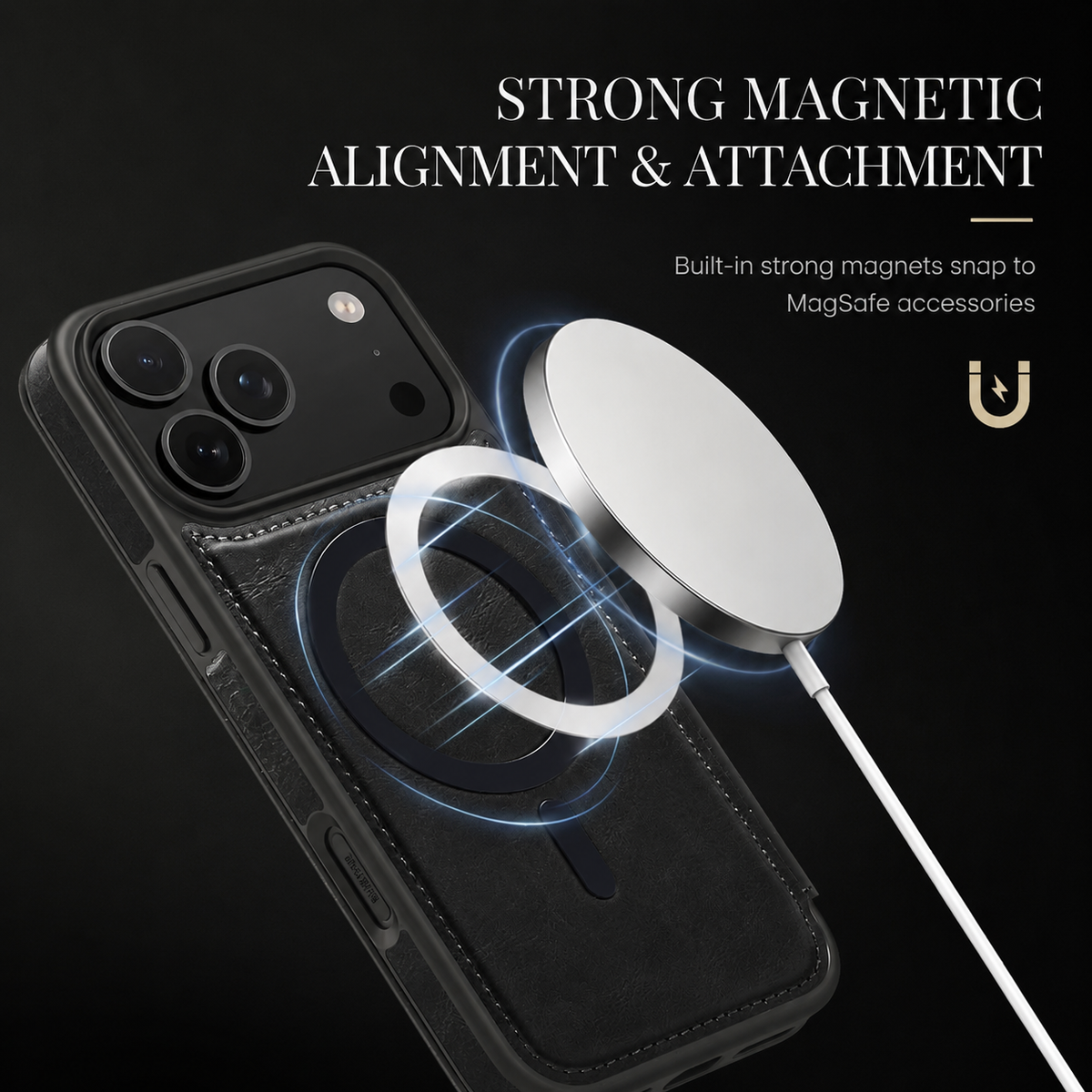 A white circular charging puck floats toward the magnetic ring on a black leather-look case. Glowing blue rings illustrate the advertised magnetic alignment, with a cable trailing from the puck.