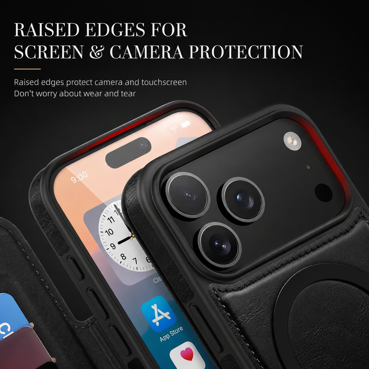 Close-ups show the black case's raised camera surround and front screen border, with stitched leather-look trim below. Text promotes raised edges for screen and camera protection.