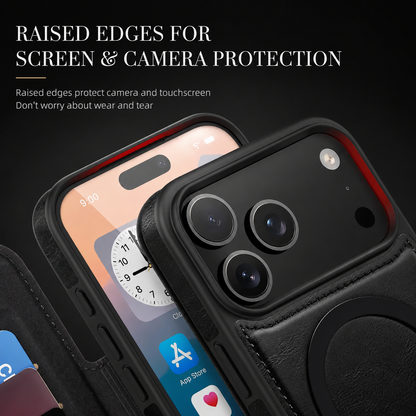 Close-ups show the black case's raised camera surround and front screen border, with stitched leather-look trim below. Text promotes raised edges for screen and camera protection.